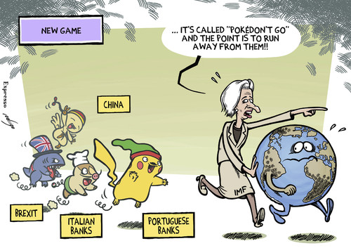 Cartoon: Riskonomy (medium) by rodrigo tagged imf,christine,lagarde,portugal,italy,brexit,china,world,economy