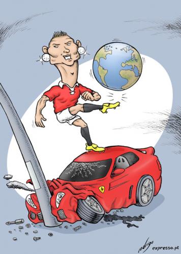 Cartoon: Ronaldo - The world at his feet (medium) by rodrigo tagged ronaldo,golden,ball,best,player,football,fifa,portugal,manchester,car,accident,ferrari