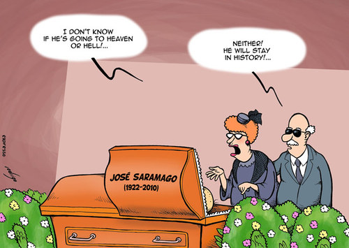 Cartoon: Saramago dies (medium) by rodrigo tagged jose,saramago,writer,nobel,prize,portugal,dies,blindness,religion,heaven,hell,critic,book