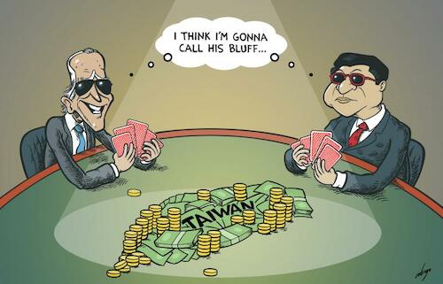 Cartoon: Taiwan Strait Flush (medium) by rodrigo tagged taiwan,us,china,military,international,politics,biden,xi,jinping,washington,beijing,diplomacy,poker,economy,defence,white,house,asia,navy,trade,war