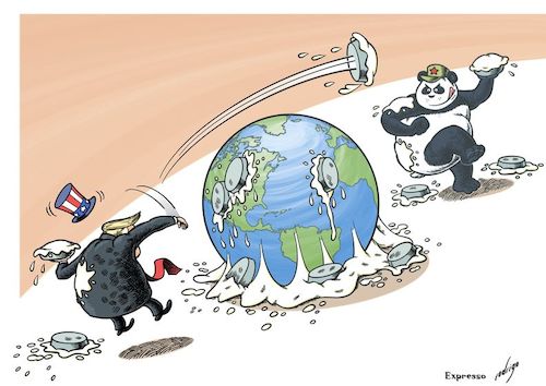 Cartoon: Tariffighters (medium) by rodrigo tagged usa,china,donald,trump,tariffs,commerce,trade,war,economy,finance,taxes,business