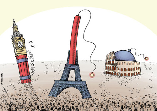 Cartoon: Terrorism threatens Europe (medium) by rodrigo tagged europe,eu,terror,terrorism,attack,al,qaeda,bin,laden,london,paris,rome,european,union