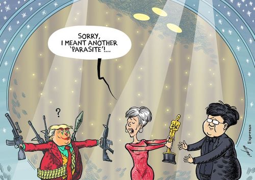 Cartoon: The joker parasite (medium) by rodrigo tagged trump,usa,arms,industry,weapons,war,defense,military,parasite,joker,movie,hollywood,oscars,bong,joonho,jane,fonda