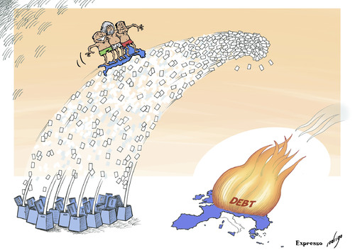 Cartoon: Tsunami alla romana (medium) by rodrigo tagged union,european,europe,economy,debt,grillo,beppe,berlusconi,silvio,bersani,pierluigi,elections,italy,ue
