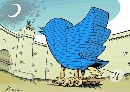 Cartoon: Twittrojan Horse (medium) by rodrigo tagged twitter,elonmusk,elon,musk,spacex,tesla,technology,society,smartphones,app,socialnetworks,socialmedia,media,international,politics,democracy,freedom,free,speech