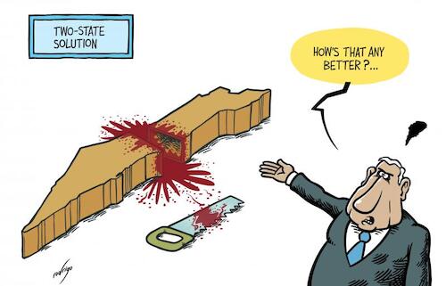 Cartoon: Two-state dissolution (medium) by rodrigo tagged israel,palestine,netanyahu,palestinian,state,diplomacy,international,politics,twostate,unitednations,unitedkingdom,peace,statehood,israeli,primeminister,independence,territory,geography,history,religion,terror,terrorism,violence,hamas