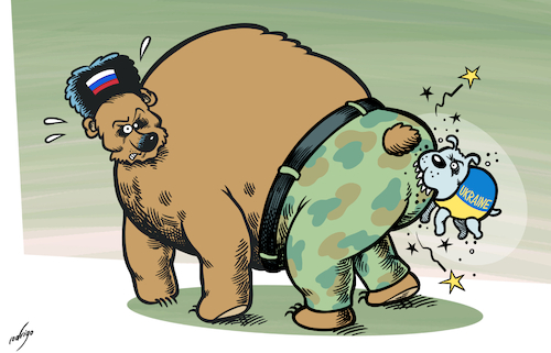 Cartoon: Ukraine bites back (medium) by rodrigo tagged ukraine,russia,territory,kyiv,moscow,military,war,invasion,donbas,kursk,incursion,politics,international,army,vladimirputin,volodymyrzelenskyy,putin,zelenskyy