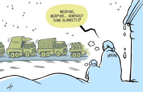 Cartoon: War regards from the West (medium) by rodrigo tagged ukraine,russia,war,europe,usa,weapons,eu,military,ammunition,humanitarian,aid,ukrainians,heating,electricity,hardship,blackouts,power,energy,fuel,gas,international,politics,economy,tanks