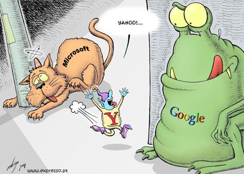 Cartoon: Yahoo! becomes an escape engine (medium) by rodrigo tagged microsoft,yahoo,google,search,engine,internet,technology,tech,economy,market,nasdaq