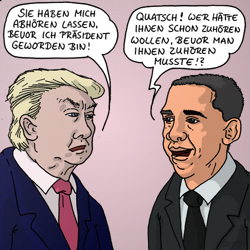 Cartoon: Abhörskandal um Trump und Obama (medium) by Rainer Demattio tagged abhöraktion,abhören,amerika,fake,news,obama,politik,präsident,spionage,spionieren,trump,usa