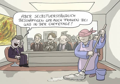 Cartoon: Die Frauenquote kommt (medium) by Rainer Demattio tagged büro,chef,frau,frauen,mann,geschlechter,frauenquote,gleichberechtigung,führung,führungskräfte,führungsposition,karriere,politik,putzen,putzfrau,selbstverpflichtung,für,mehr,in,führungspositionen,wirtschaft