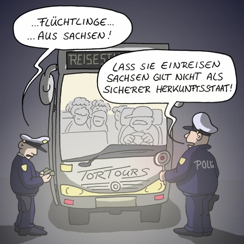 Cartoon: Reisegenuss (medium) by Rainer Demattio tagged flucht,flüchtlinge,deutschland,ostdeutschland,willkommen,einreise,reisegenuss,herkunftsstaat,sicher,polizei,bus,fremdenfeindlichkeit,fremde,gewalt,asylrecht,herkunftsland,hass,asyl,sachsen,clausnitz,bautzen