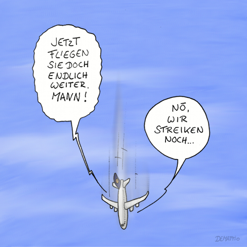 Cartoon: Streik bei der Lufthansa (medium) by Rainer Demattio tagged absturz,arbeit,cockpit,fliegen,flug,flughafen,flugzeug,gewerkschaft,land,länder,lufthansa,pilot,reisen,streik