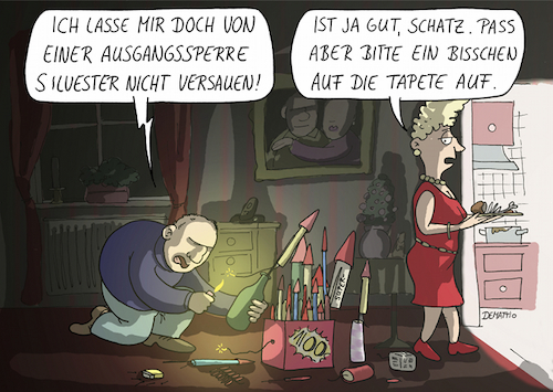 Cartoon: Silvester 2020 (medium) by Rainer Demattio tagged silvester,sylvester,neujahr,2020,feuerwerk,böller,ausgangssperre,quarantäne,feiern,guten,rutsch