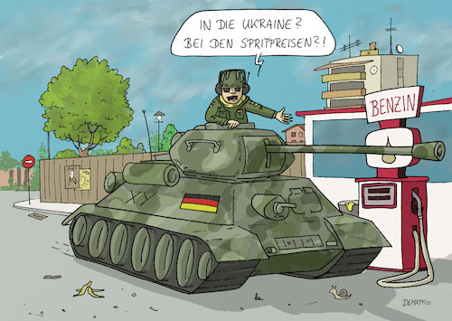 Cartoon: Ukrainekrieg und Energiepreise (medium) by Rainer Demattio tagged panzer,ukraine,russland,schule,zusammenfassung,konflikt,energiepolitik,energiepreise,rüstung,krieg,putin,bundeswehr,nato,benzin,abhängigkeit,tankstelle,benzinpreis,gas,öl,ölkrise