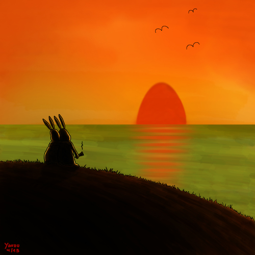 Cartoon: Ostersonne (medium) by Yavou tagged ostern,ostersonntag,hasen,mümmelmänner,kaninchen,sonnenuntergang,meer,ozean,romantik,osterei,ei,sunset,dusk,sea,ocean,rabbits,coniglio,lepre,romantic,cartoon,yavou