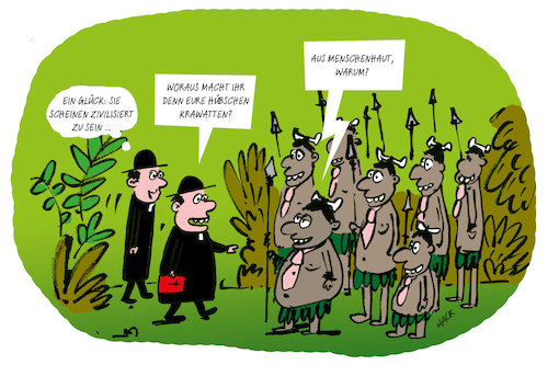 Cartoon: Krawattenfrage (medium) by ichglaubeshackt tagged krawatte,kannibale,missionare,zivilisiert
