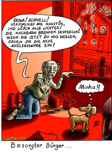Cartoon: Besorgter Bürger (medium) by KritzelJo tagged besorgte,bürger,nachbarn,brandanschlag,gastfreundschaft