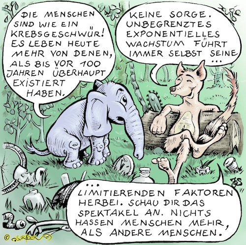 Cartoon: Elefant und Kojote (medium) by KritzelJo tagged hass,überbevölkerung,menschen,elefant,kojote,wald,müllhalde,umweltverschmutzung