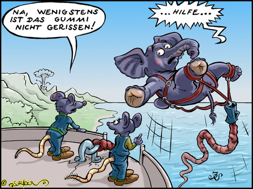 Cartoon: Elefantenbungee (medium) by KritzelJo tagged bunge,elefant,maus,turm,meer,horizont,berge,gummiband,rückstellkraft