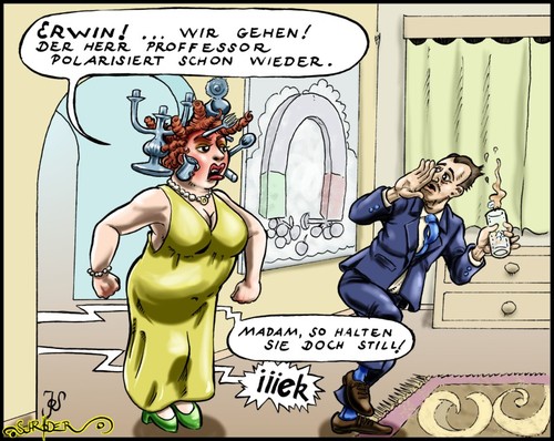 Cartoon: Fatale Polarisation (medium) by KritzelJo tagged party,mann,frau,magnetisch,polarisieren