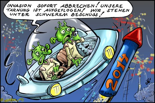Cartoon: Guten Rutsch und frohes Neujahr! (medium) by KritzelJo tagged silvester,rakete,grüne,männchen,fliegende,untertasse,alien,invasion,böse,geister,vertreiben,jahreswechsel