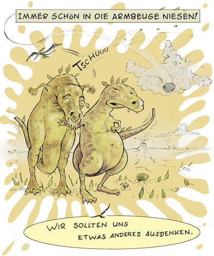 Cartoon: In den Ellenbogen niesen (medium) by KritzelJo tagged niesen,anstand,saurier,abstand,distancing