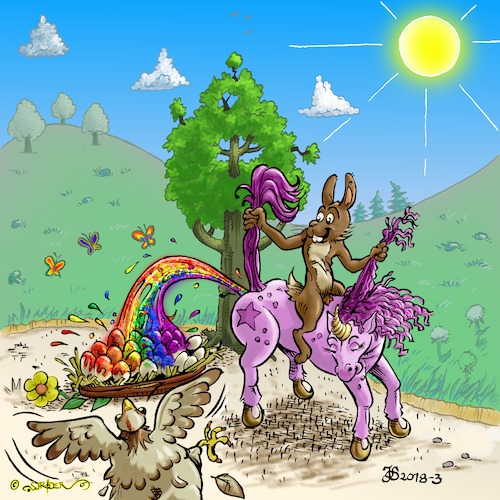 Cartoon: Ostereinhorn (medium) by KritzelJo tagged ostern,hase,henne,ostereier,bunte,eier,einhorn,regenbogen