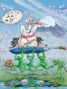 Cartoon: Storchensaison (small) by KritzelJo tagged storch,bratpfanne,frösche,frosch,kröte,afd,frühling,kirschblüte,fuji
