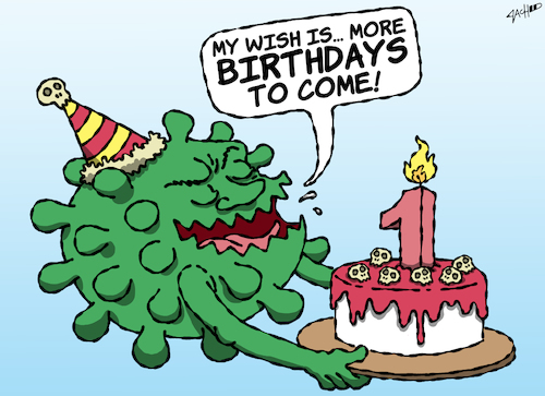 Cartoon: Birthday Wish (medium) by cartoonistzach tagged covid,coronavirus,pandemic,anniversary,covid,coronavirus,pandemic,anniversary