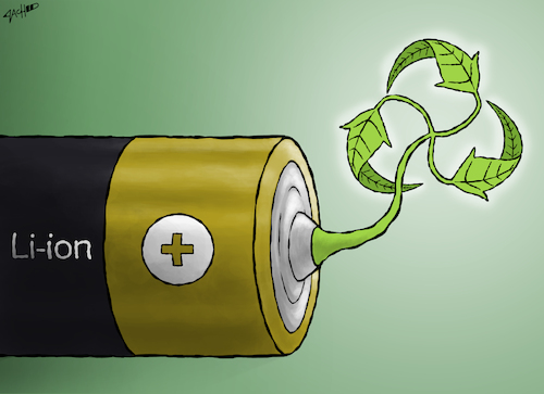 Cartoon: Going Green (medium) by cartoonistzach tagged environment,nobel,chemistry,lithium,battery,green,renewable,energy,environment,nobel,chemistry,lithium,battery,green,renewable,energy,grüne,energie,batterien,nobelpreis,chemie,sonnenenergie