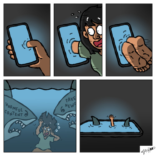 Cartoon: Portal (medium) by cartoonistzach tagged social,media,digital,rights,human,fake,news,disinformation,harmful,content,smartphone,shark,social,media,digital,rights,human,fake,news,disinformation,harmful,content,smartphone,shark