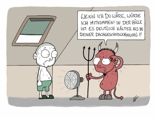 Cartoon: Dachgeschoss (medium) by SteffenHuberCartoons tagged sommer,hitze,hitzewelle,dachgeschoss,hölle,teufel,wohnen,dachwohnung,schwitzen,sommer,hitze,hitzewelle,dachgeschoss,hölle,teufel,wohnen,dachwohnung,schwitzen