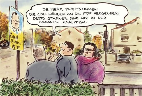 Cartoon: Zweitstimmenkampagne (medium) by Bernd Zeller tagged wahlen,bundestagswahl,2013,fdp,brüderle,rösler,zweitstimme,große,koalition,spd,cdu