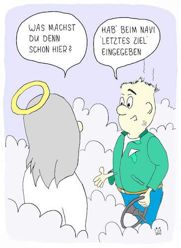 Cartoon: letztes Ziel (medium) by WiesenWerner tagged gott,autounfall,unfall,verkehrsunfall,navi,navigationssystem,zieleingabe,fahrer,ziel,himmel,sterben,tod,petrus,auto,verkehr