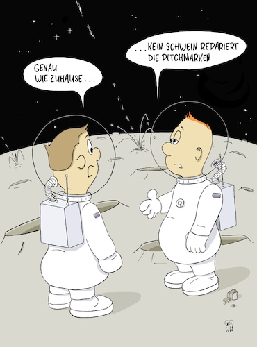 Cartoon: wie zuhause (medium) by WiesenWerner tagged golf,pitchmarken,reparieren,platzpflege,astronauten,mond,weltall