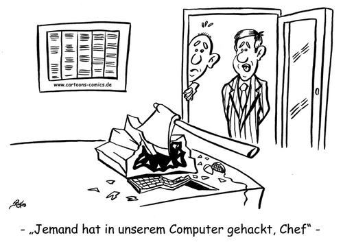 Cartoon: Computer-Cartoon No. 1 (medium) by Portraits-Karikaturen tagged cartoon,karikatur,illustration,cartoons,karikaturen,illustrationen,datenschutz,datenschützer,computer,pc,it,sicherheit,hacken,axt,monitor,büro