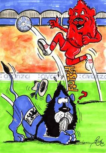 Cartoon: Fussball - Löwenkampf - 2000 (medium) by Portraits-Karikaturen tagged fußball,fußballkarikatur,fußballspieler,fussballkarikatur,fussball,maskottchen,bayer,04,leverkusen,1860,münchen