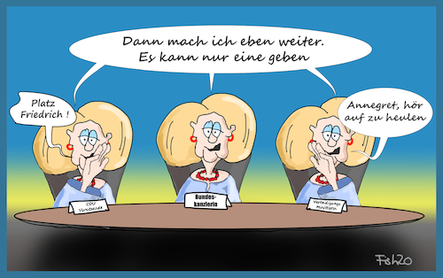 Cartoon: AKK will nicht mehr (medium) by Fish tagged annegret,kramp,karrenbauer,angela,merkel,friedrich,merz,kanzler,kanzlerin,verteidigungsminister,bundeswehr,rücktritt,verteidigungsministerin,machtkampf,afd,cdu,groko,neuwahlen