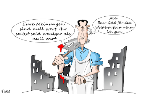 Cartoon: Assad gegen Westen (medium) by Fish tagged assad,syrien,wahl,westen,null,kritik,bürgerkrieg,krieg,tod,vertreibung,schlachter,metzger,zerstörung,wiederaufbau,hilfe,un,eu,meinung,wert,abwertung