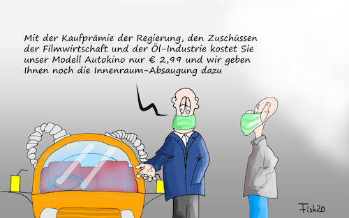 Cartoon: Autokino (medium) by Fish tagged vw,bmw,mercedes,kauf,kaufprämie,corona,umstatzeinbruch,pandemie