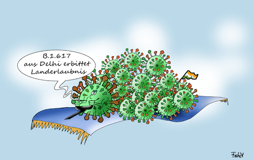 Cartoon: B.1.617 im Anflug (medium) by Fish tagged b1617,mutante,corona,mutation,indien,covid,19,pandemie,ansteckung,gefährlichkeit,fliegender,teppich,flugzeug,anflug,landeerlaubnis,flughafen,tower,lockdown,hochrisikogebiet,quarantäne,einreiseverbot