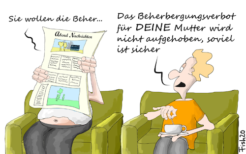 Cartoon: Beherbergungsverbot (medium) by Fish tagged corona,hotel,mutter,mutti,besuch,übernachten,herberge,beherbergungsverbot,ansteckung,lockerung,hotspot,risikogebiet