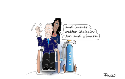 Cartoon: Biden und Pflegerin (medium) by Fish tagged biden,joe,harris,kamala,usa,president,vizepräsident,winken,lächeln,alter,amt,senior,altersschwäche,sauerstoff,oxygen