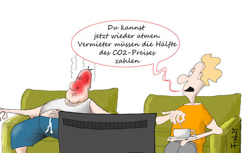 Cartoon: CO2-Preis (medium) by Fish tagged umweltschutz,co2,kohlendioxid,umwelt,klima,luftverschmutzung,klimaziele,2045,atmen,vermieter,mieter,heizkosten,bundesregierung,beschluss