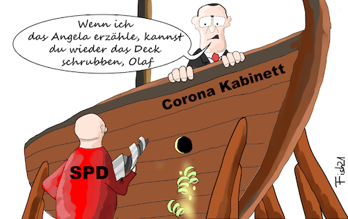 Cartoon: Corona Kabinett (medium) by Fish tagged corona,impfen,impfstoff,beschaffung,impfstoffbeschaffung,spahn,jens,spd,olaf,scholz,boot,schiff,bohrer,holzspäne,pandemie,ansteckung,groko,große,koalition,bruch,wahlkampf,bundestagswahl,2021,deck,schrubben,angela,merkel