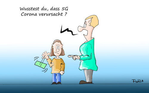 Cartoon: Corona Legenden (medium) by Fish tagged corona,legenden,5g,handy,internet,pandemie,epidemie,ansteckung,wlan,mobilfunk,sendemasten,verschwörungstheorie,verschwörung,angst