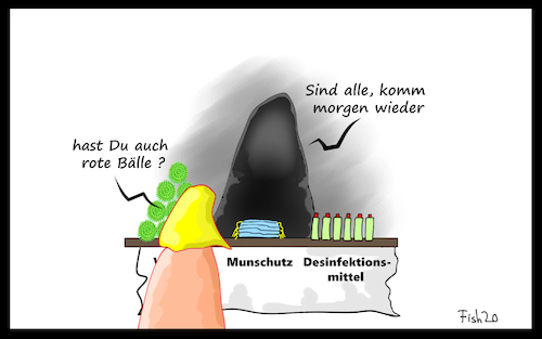 Cartoon: Corona Merchandising (medium) by Fish tagged corona,covid,19,virus,pandemie,epidemie,tod,seuche,mäcgchen,mundschutz,desinfektionsmittel,bälle,ball,rot