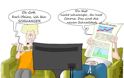 Cartoon: Corona Test (medium) by Fish tagged test,corona,schwanger,schwangerschaftstes,schnelltest,kockdown,ansteckung,covid,19,lockerungen,sessel,fernseher