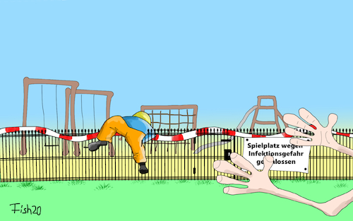 Cartoon: coronaler Ungehorsam (medium) by Fish tagged corona,mütter,spielplatz,infektionsgefahr,covid,19,ansteckung,abstandgebot,zaun,schaukel,rutsche,pandemie,epidemie,kontaktverbot